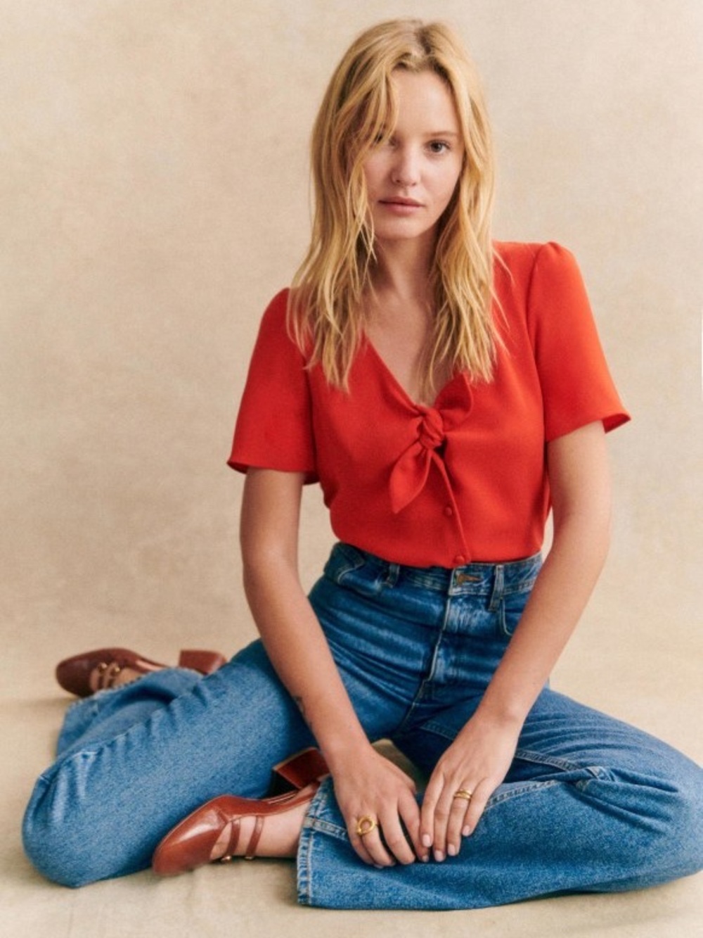 Sézane Eloine Red Tie-Front Short Sleeve Blouse - EU 36